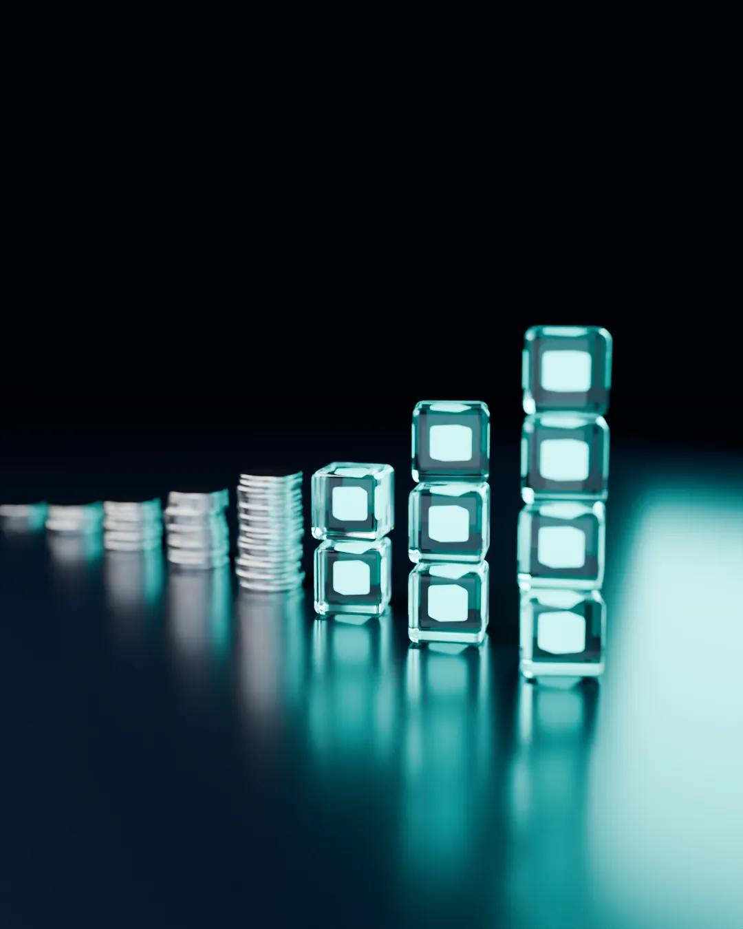 Coin stacks growing into glowing turquoise glass cubes